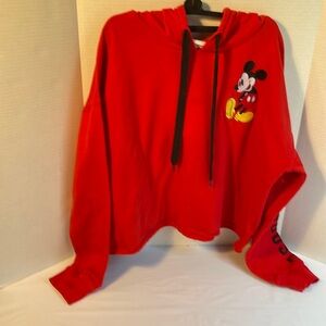 Mickey Mouse cropped red hoodie size Large. Black writing. Embroidered Mickey